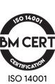 ISO 14001 certification logo. BM CERT certification mark for environmental management system standards.