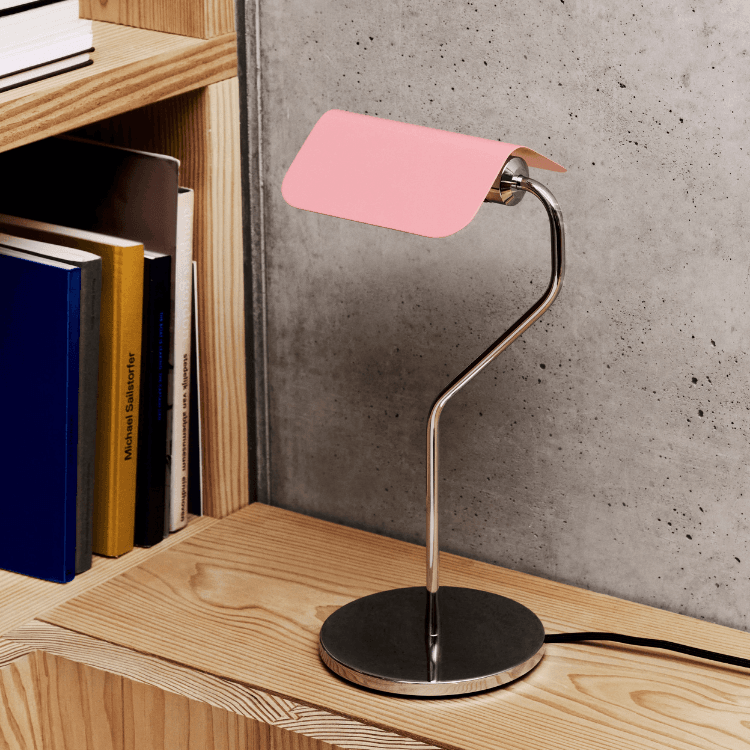 Apex table lamp with a pink shade, stylish desk lighting for home or office, modern design.