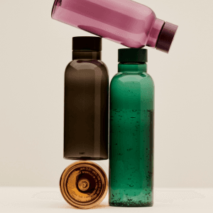 Miz water bottle display: stylish brown, green, and purple reusable HAY bottles stacked on a white background.