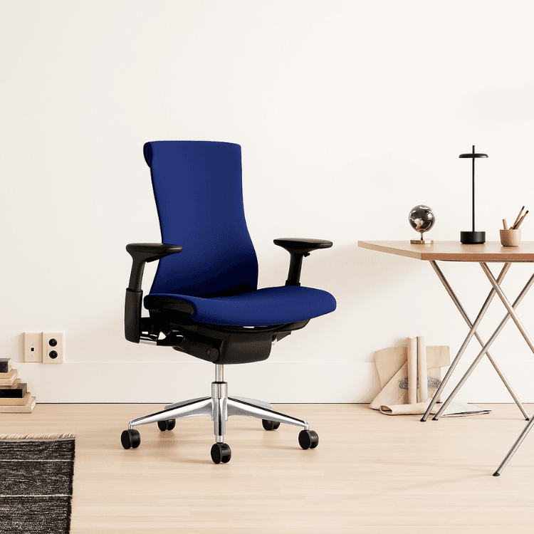 Herman Miller Embody chair in graphite and polished aluminum with twilight rhythm fabric, ergonomic office chair.