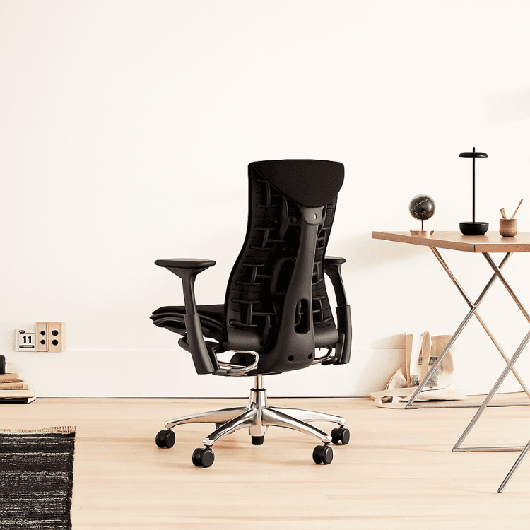 Herman Miller Embody chair in graphite and polished aluminum with rhythm black fabric, ergonomic office seating.