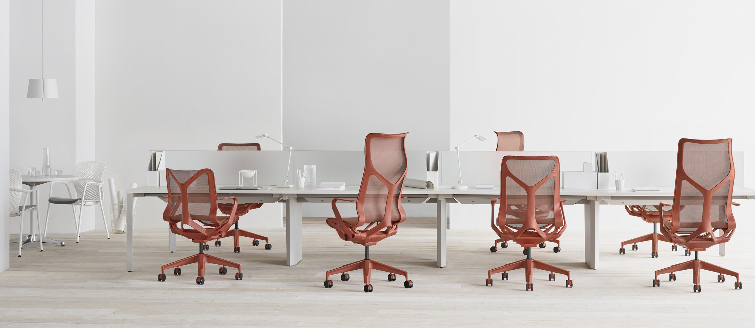 Herman Miller Cosm chairs in Canyon around white office desks