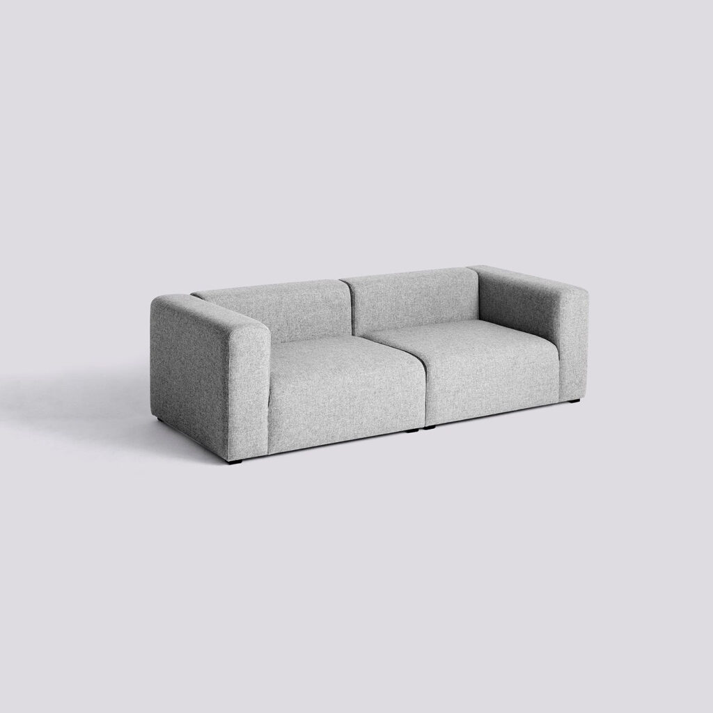 A compact light grey two-seat sofa with a textured fabric finish and armrests at the same height.