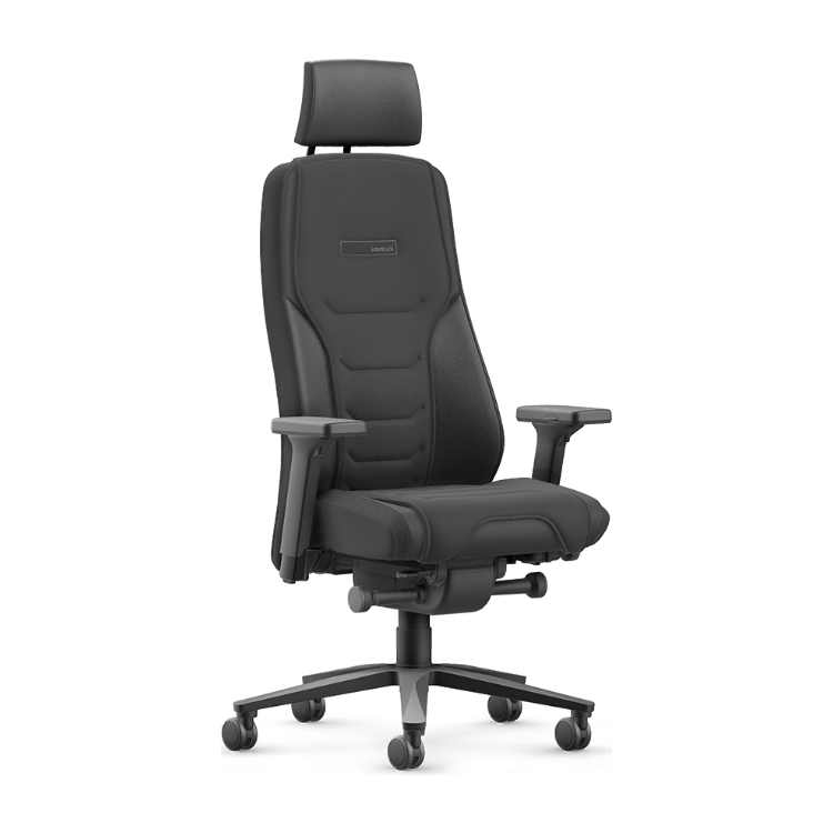 Interstuhl TWENTYFOUR TF118 24-hour office chair in black with headrest, front view.