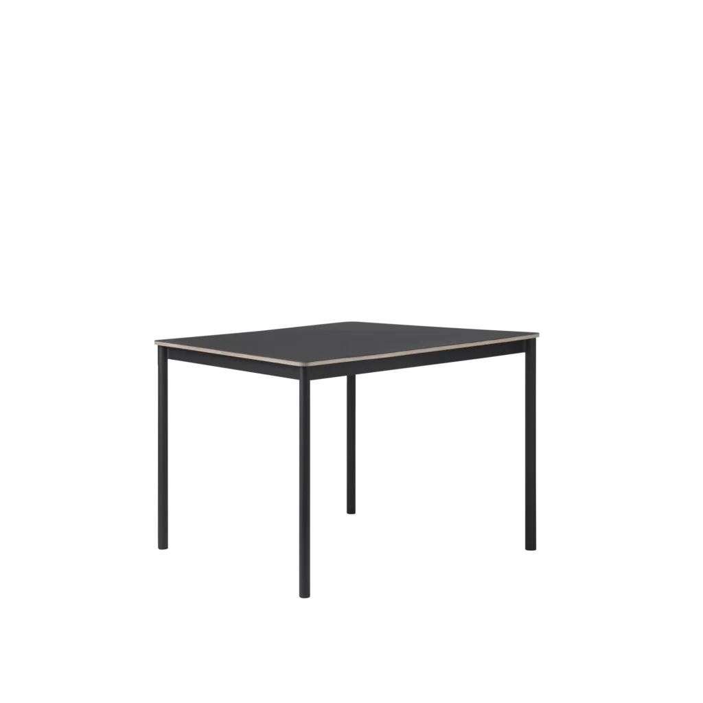 A square dark grey table with a light edge trim and four dark legs.