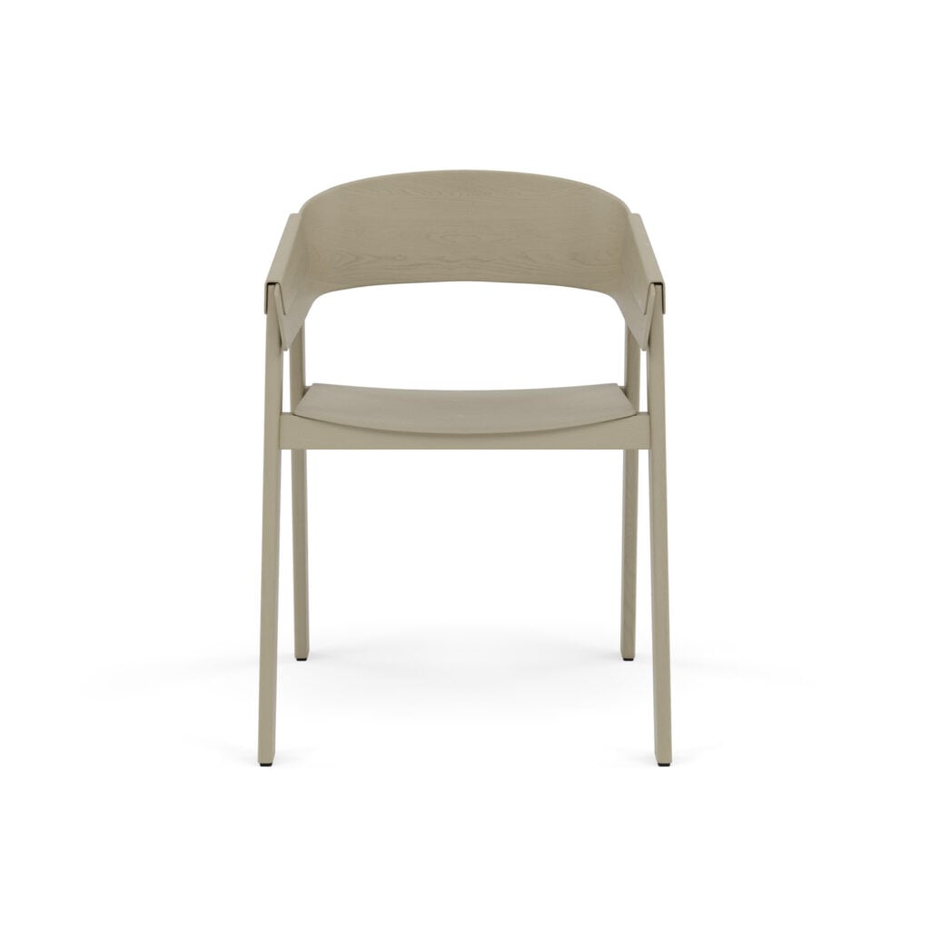 Beige wooden armchair with curved backrest and four legs, viewed from the front against a white background.