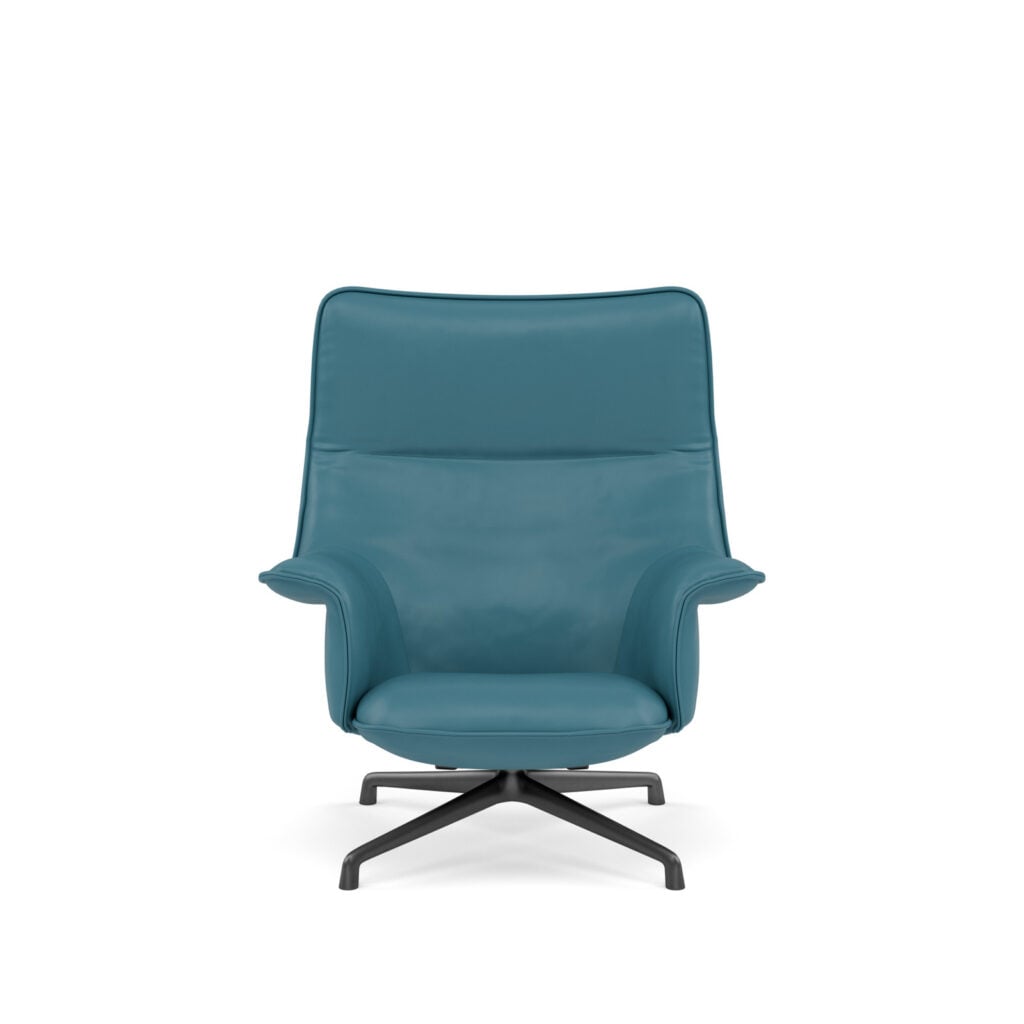 Teal leather armchair with high back and black star base on white background.