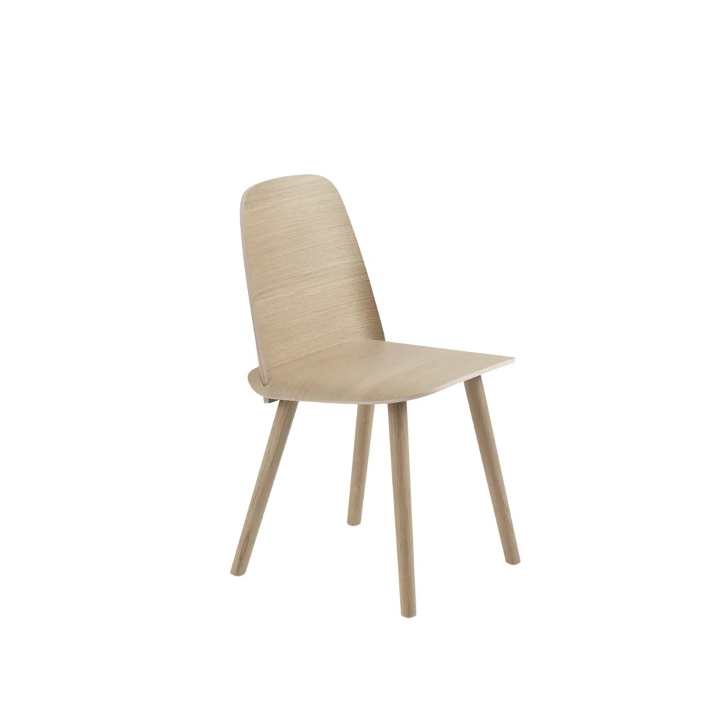 Light wood dining chair with a curved backrest and four tapered legs, shown from a side angle.