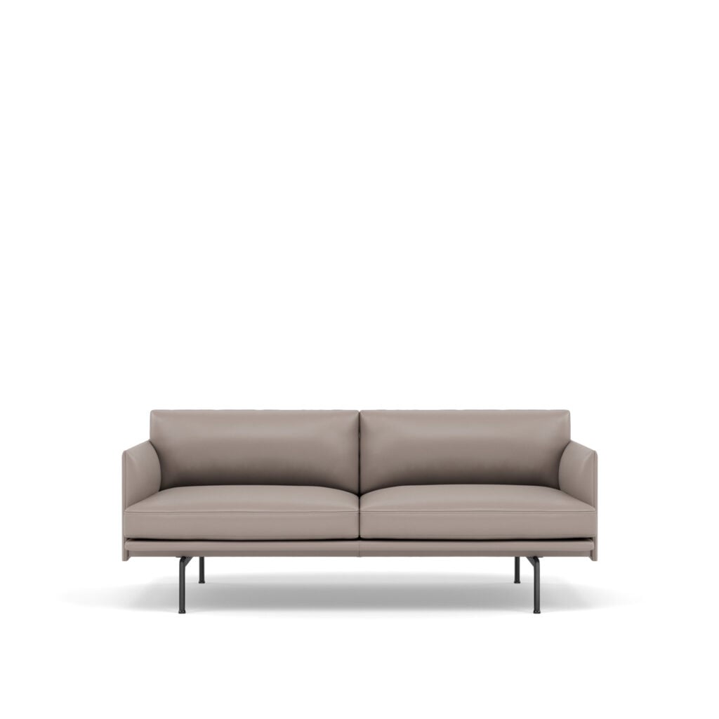 Light beige two-seater sofa with slim black metal legs and a low backrest on a white background.