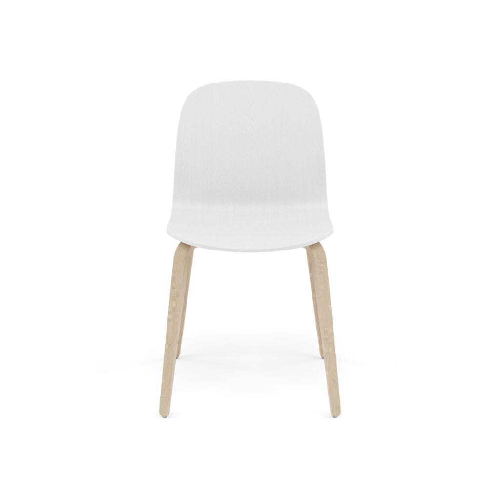 White molded plastic chair with light wood legs viewed from the back.